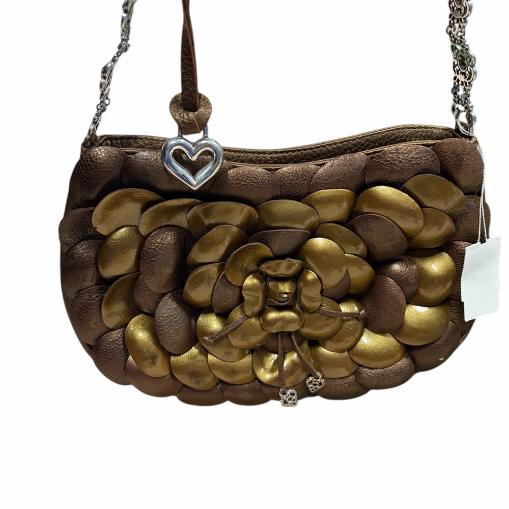 Brighton Bronze Metallic Detachable flower Coin Case Tote Pleated Shoulder Bag